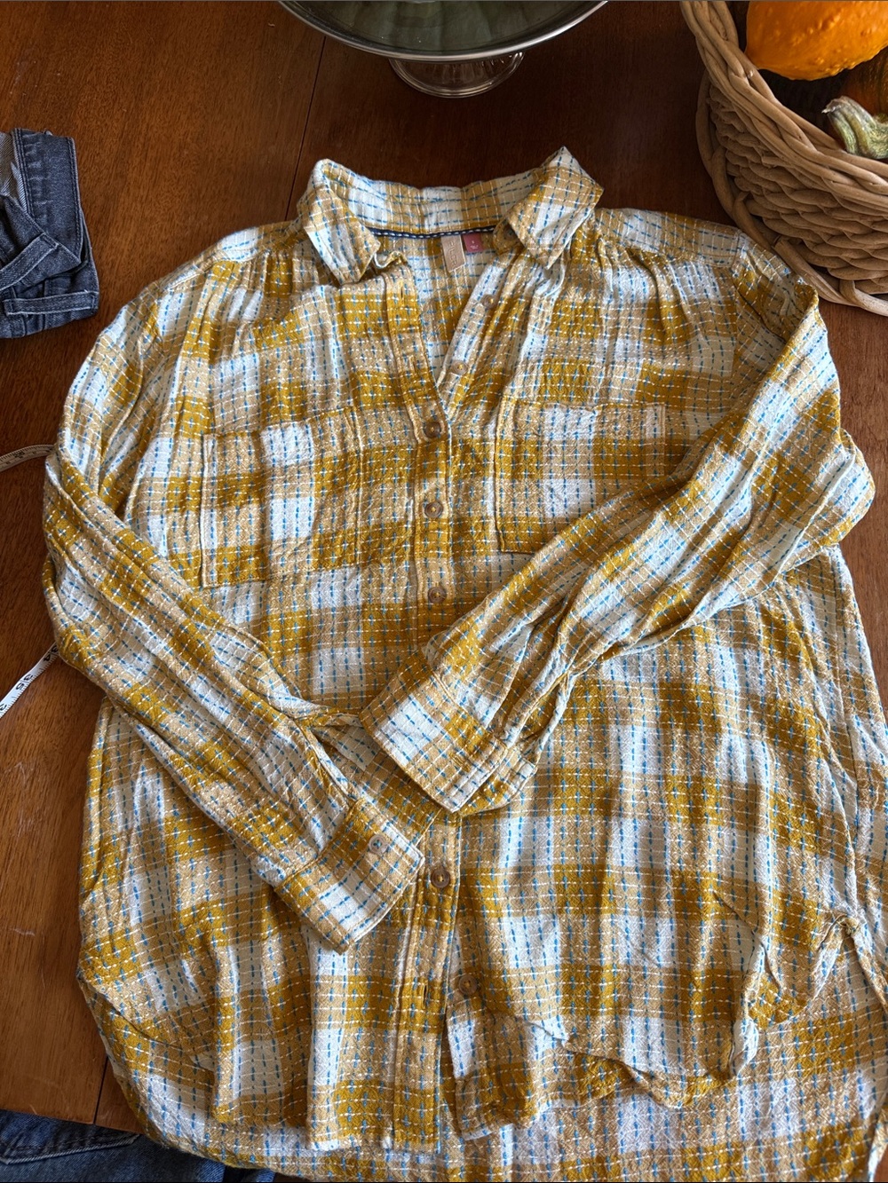 Anthropologie Mustard and White Plaid Button-Down Shirt